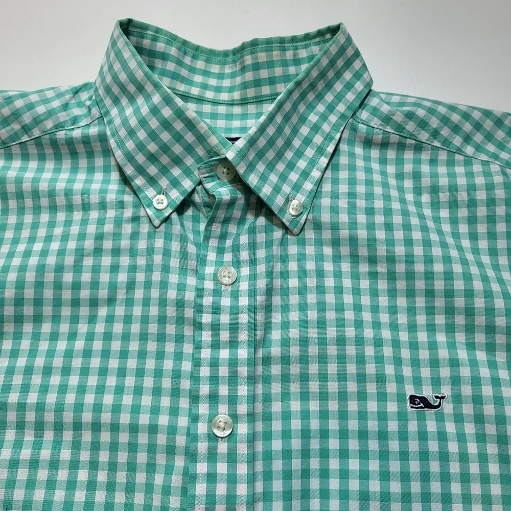Vineyard Vines Mens Shirt Slim Fit Whale Mint Green White Plaid Long Sleeve Sz L - Picture 4 of 5
